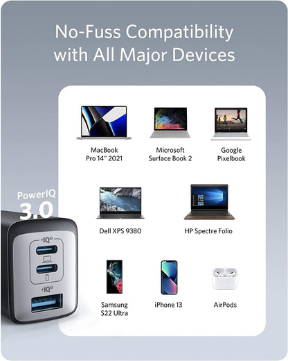 USB C Charger(Nano II 65W),PPS 3-Port Fast Wall Charger for Macbook Pro/Air,Ipad Pro,S20,Xps 13,Note 20/10+,Iphone 17 Pro Max/17 Pro/17,Iphone 16/15/14 and More