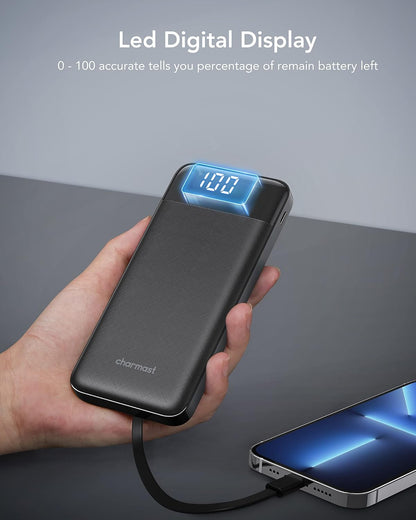 10000Mah Power Bank Built in 4 Cables, Slim USB C Portable Charger, LED Display External Battery Pack with 6 Output and 3 Input, Compatible with Iphone, Samsung, Tablets and More