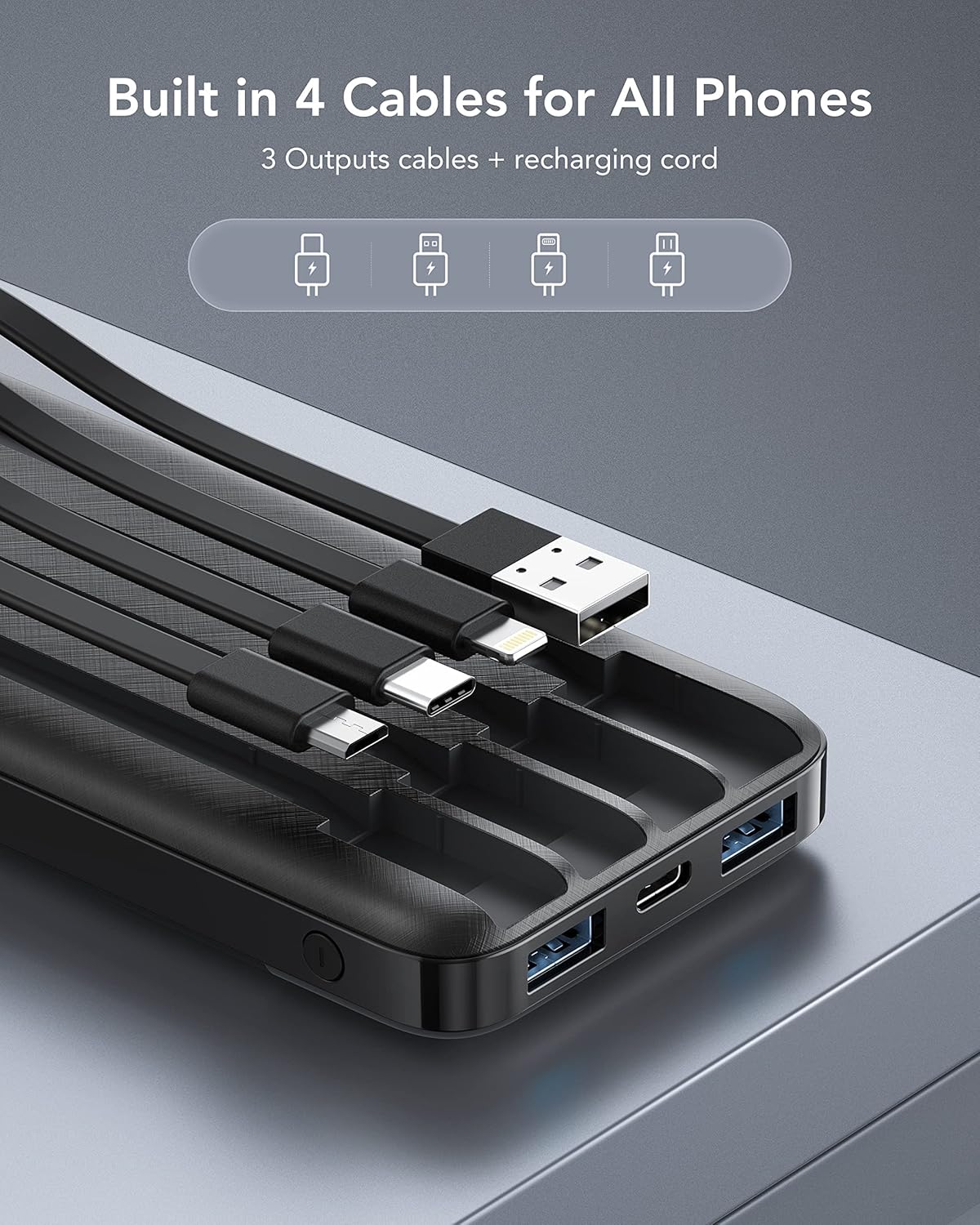 10000Mah Power Bank Built in 4 Cables, Slim USB C Portable Charger, LED Display External Battery Pack with 6 Output and 3 Input, Compatible with Iphone, Samsung, Tablets and More